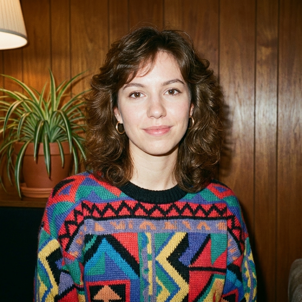 The same person, styled for the 1980s After